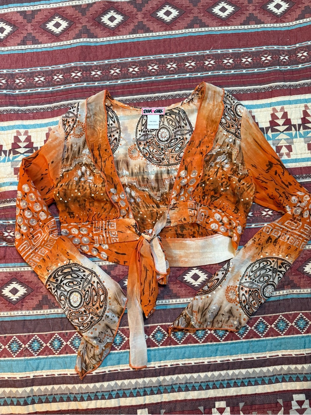 Vintage Orange Tie-Front sheer cropped cardigan small